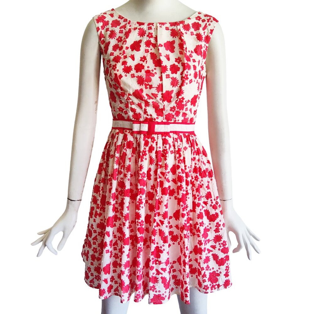 MINUET Retro Rockabilly Red Floral Swiss Dot Full Skirt Cotton Dress S NWT